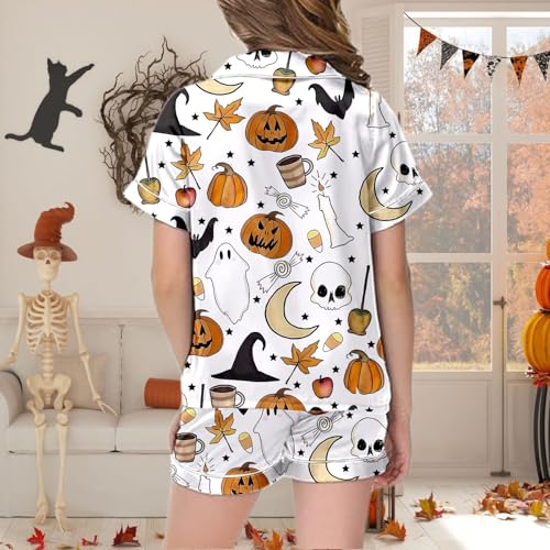 Girls Satin Silk Halloween 𝙋𝙖𝙟𝙖ma Set Pumpkin 𝙎𝙡𝙚𝙚𝙥wears Button Up Spooky Ghost Season 𝙇𝙤𝙪𝙣𝙜ewear with Pockets4