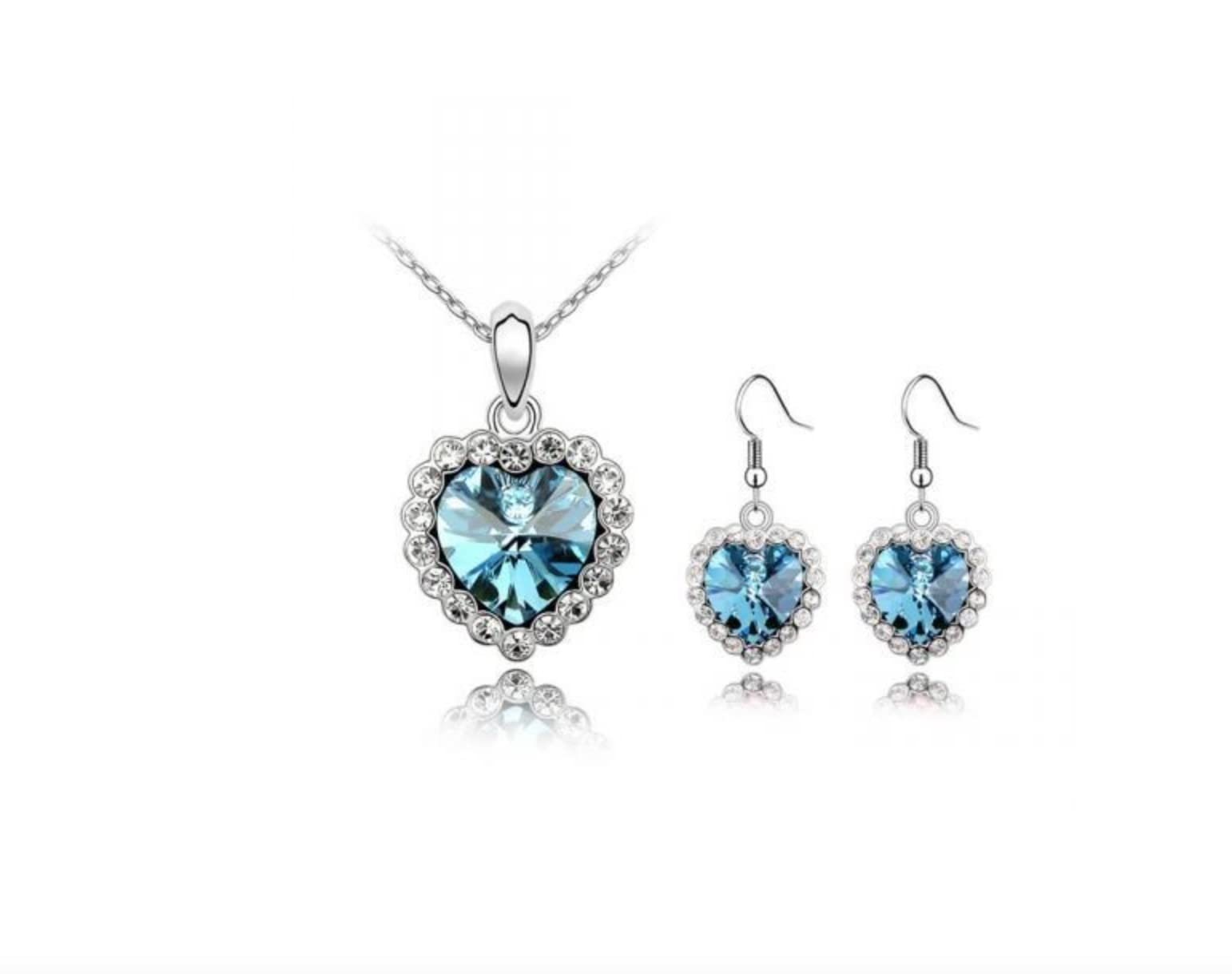 Gem Rose Sky Blue Austrian Crystals Set with Matching Earrings, One Size