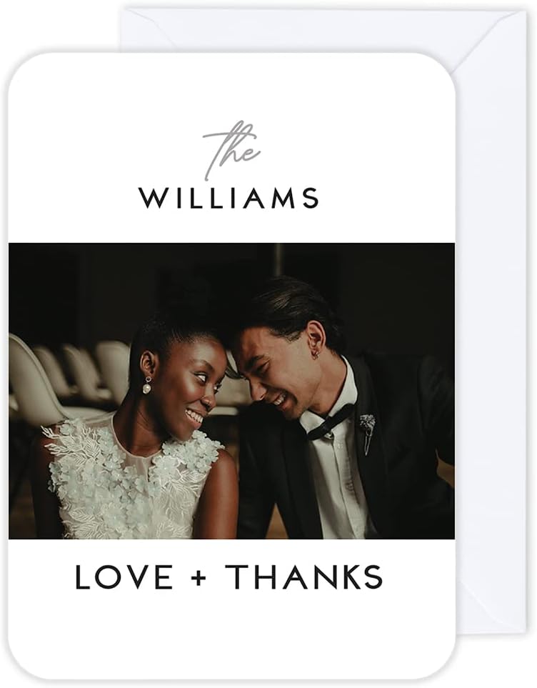 Andaz Press Personalized 5x7-Inch Photo Thank You Cards with Envelopes, Wedding Thank You Card with Message, Love + Thanks Custom Photo, Name, and Date, Modern Wedding Thank You Notes, 24-Pack
