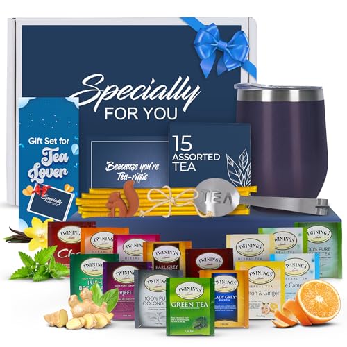 Tea Gifts for Men – Sampler Set with 15 Unique Blends, Honey Sticks, Insulated Stainless Tumbler &amp; Gift-Ready Box – Birthday &amp; Father's Day for Him, Tea Lovers (Blue/Blue box)