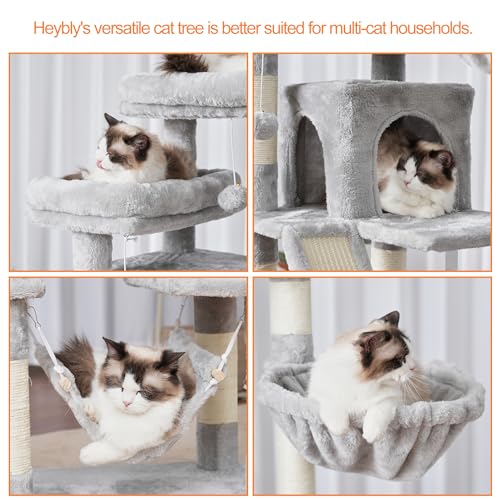 Image of Heybly Cat Tree, 71-Inch-Tall Tower for Indoor Cats with 2 Perches HCT034W | Large Cat Furniture with 2 Big Condos, 2 Hammocks, Basket, Scratching Pad, Multi-Level Cat Condo, Light Gray