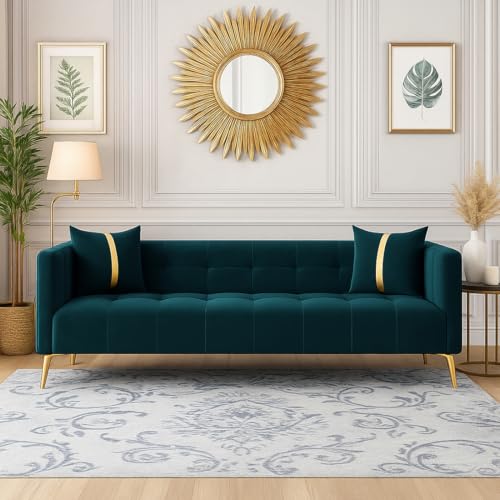 Image of FURNY Styliving 3 Seater Velvet Fabric Sofa Set (Greenish Teal) with Golden Finish Legs | Durable & Comfortable | Ideal for Living Room
