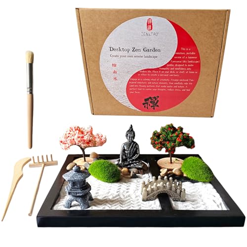ZEN&TAO Japanese Zen Garden Kit Black Tray with Two Trees Two Mosses Buhhda Statue Bridge Stones and Sand Toolset 2024 New Upgrades for Meditation Relaxation and Gifting.