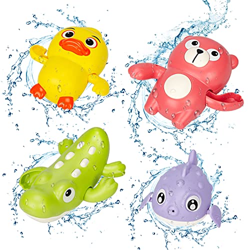 Jouet de Bain, Jouets Bain pour Bebe 1 an, Jouets de Bain à Remonter pour Bebe Enfant 1 2 3 Ans, Animaux Jouets Flottants avec Filet de Rangement, Jouets de Douche pour Garçon Fille (4 Pièces) Cover