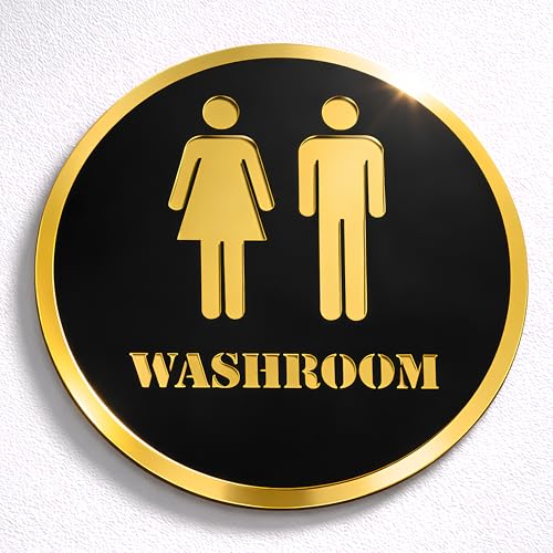 Image of Washroom Round Acrylic Signage Sticker - Self-Adhesive Toilet Sign for Office, Storefront, Cafe, Hotel, Restaurant, Business & Shop - Premium Black Gold Label for Smooth Surfaces