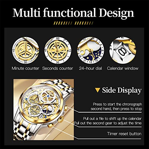 Image of OLEVS Skeleton Watch for Men Stainless Steel Chronograph Watch for Men Classic Waterproof Mens Watches with Date Luxury Business Men's Analog Wrist Watches, relojes para Hombres Blue /Black /Gold /White