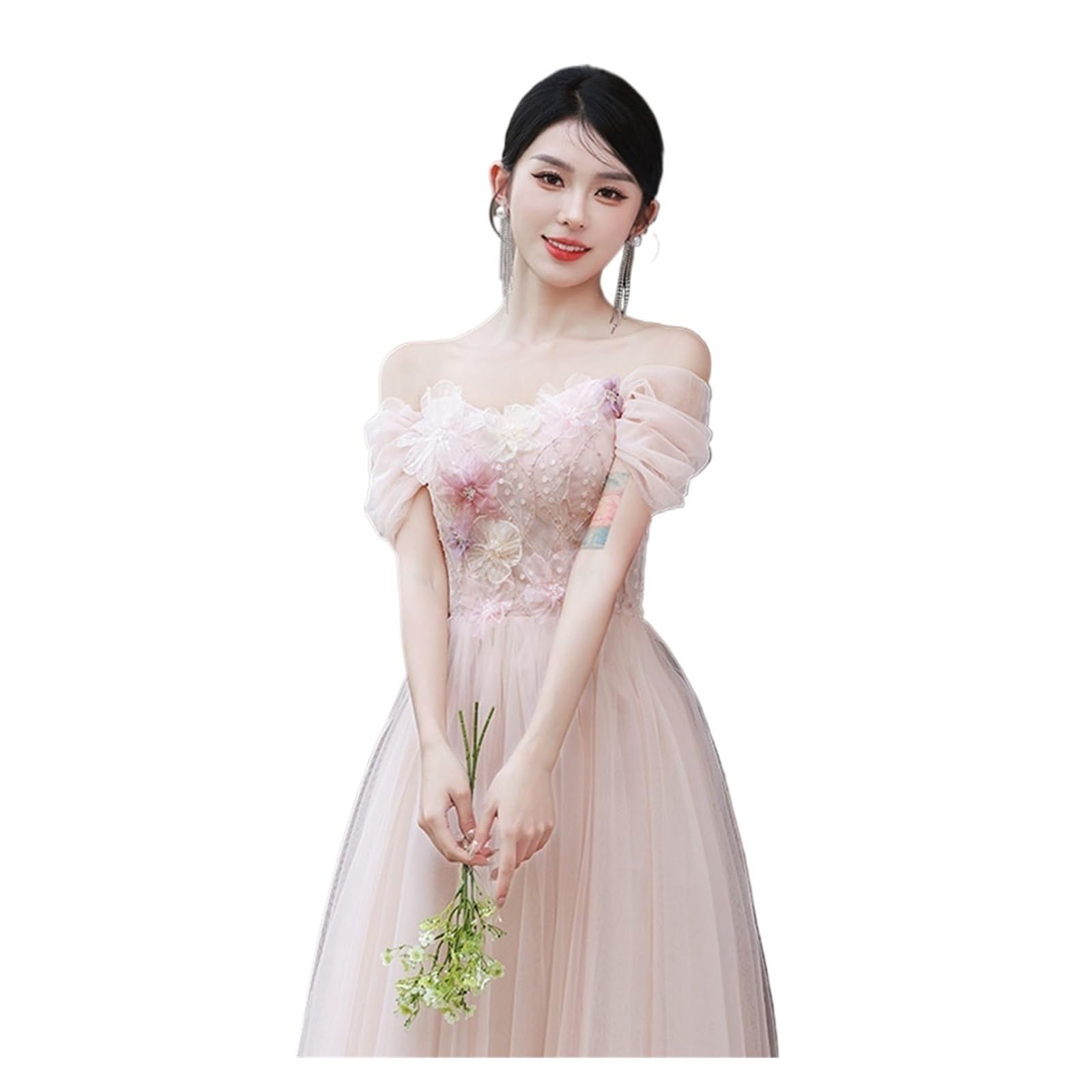 Robe de demoiselle d'honneur rose, 4 Styles, élégante, en Tulle fin, épaules dénudées, avec des Appliques de fleurs, ligne a, robe d'invité de fête de mariage Pour Mariage CéRéMonie(PINK Mid D,6)