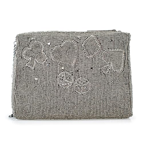 Mary Frances Well Suited Beaded Clutch Handbag with Playful Card Pattern and Chic Removable Chain Strap, Pewter3