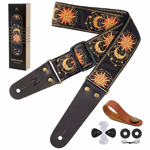 Nefelibata Guitar Strap, Sun & Moon Embroidery Guitar Straps with Head Cowhide Leather Ends for Bass, Electric & Acoustic Guitars, Free Strap Button, 1 Pair Strap Locks and 4 Guitar Picks