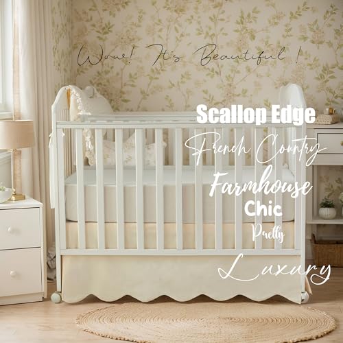 Image of Brandream Scallop Edge Cotton Crib Skirt Toddler Bedskirt Baby Nursery Crib Bed Skirt Boho Bohemian Neutral Solid Color Vintage Ivory Cream Off Farmhouse Chic Boho Bohemian Skirt