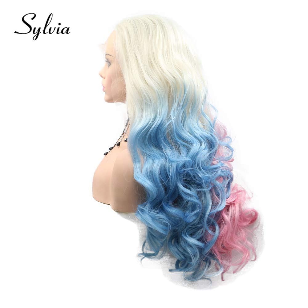 xiweiya Long White Blonde to Half Blue Pink Wigs Body Wave Mixed Piano color Glueless 13X3 Lace Wig Natural Hairline Synthetic Multi-color Lace Front Wigs Heat Resistant Fiber Hair for Women 24inch - Image 4