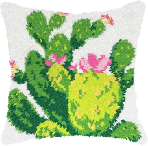 Image of clubevy DIY Latch Hook Kits Pillow Case Embroidery Carpet Set Needlework Pillow Cover Sofa Cushion Cover Craft Kits 17x17 inch (4160cactus)