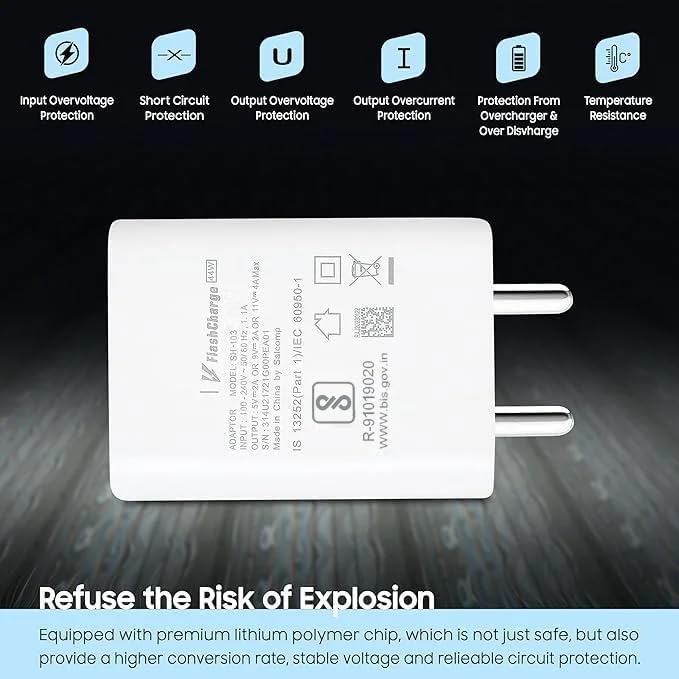 Image of Vivoo 44W Flash Charge Fast Charger Adapter with Type-C Cable | Rapid Charging Compatible for Vivo V Series, T Series, iQOO, Y Series | USB Type-A to Type-C | Travel-Friendly, Smart Safety Protection