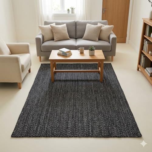 Image of Handmade Cotton Braided 6x9 feet Area Rug - Washable, Low Pile Reversible Floor Mat for Bedroom, Kitchen, Entryway & Living Room - Eco-Friendly Woven Carpet - (Charcoal, Rect)