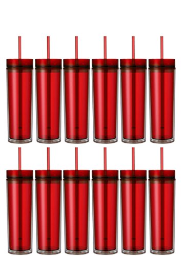 Set of 12 Double Wall Skinny Acrylic Tumblers 16 Oz with Straws Red