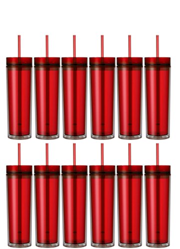 Set of 12 Double Wall Skinny Acrylic Tumblers 16 Oz with Straws Red