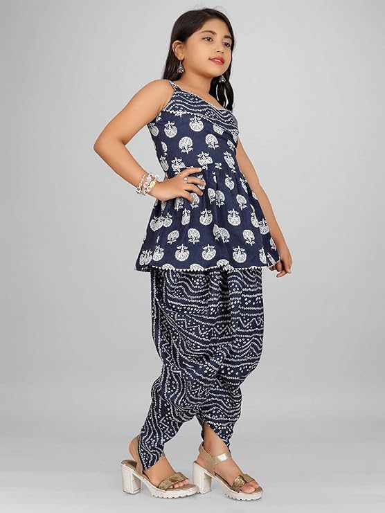 Image of Suhana Fashion Girls Dress Girls Cotton Kurti Top with Dhoti Kurta Set & Dupatta