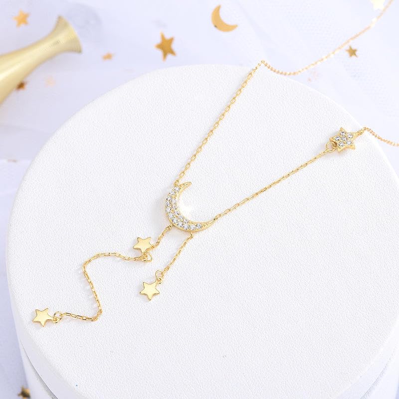 Miniatura 4 de fashion jewelry 925 sterling silver necklace moon star diamond long tassel chain gold plated necklaces women (silver)