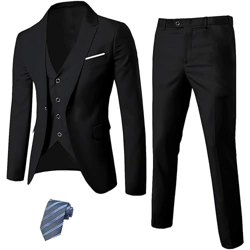 MYS Men's 3 Piece Slim Fit Suit Set, One Button Solid Jacket Vest Pants with Tie Natural White
