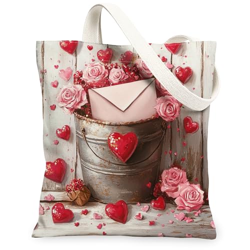 Bolsas de lona románticas con diseño de rosas de corazón, reutilizables, para el día de San Valentín, vintage, rústicas, ligeras, lavables, para gimnasio, viajes, picnic, 13 x 15 pulgadas