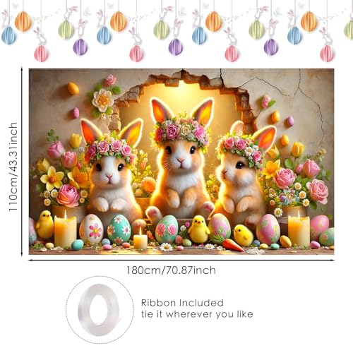 Image of Nuxovilar 43x70 inch Bunny Trio Flowers Easter Banner | Playful bunny trio and floral Easter backdrop for home decor and spring festivity.