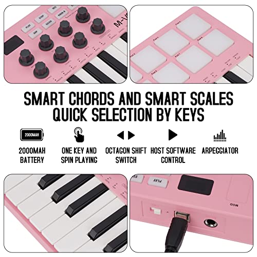 Image of M-WAVE 25 Key USB MIDI Keyboard Controller With 8 Backlit Drum Pads, Bluetooth Semi Weighted Professional dynamic keybed 8 Knobs and Music Production,Software Included (Pink)