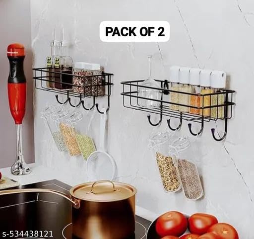 Image of Bathroom Shelves - Kitchen Storage - Self Adhesive Bathroom Shelf and Shampoo Holder with 4 Hook Adhesive Shower Caddy Metal Shelf-Black-2 Pcs