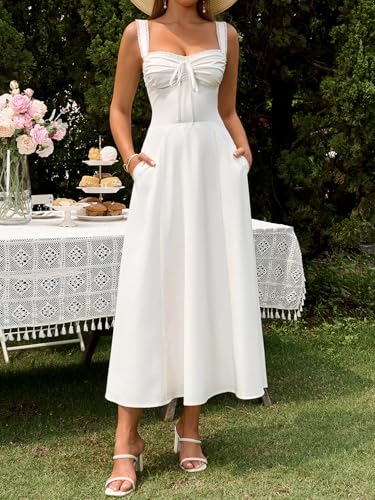 Image of KUTUMAI Floral Corset Midi Dresses for Women 2026 Lace Up Flowy Summer Wedding Guest Dress with Pockets