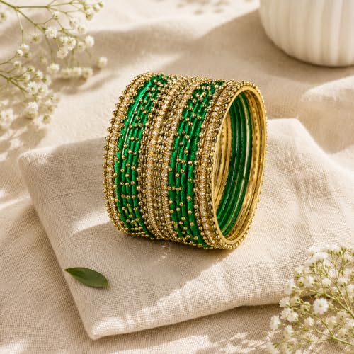 Image of NMII Non-Precious Metal with Base Metal and Zircon Gemstone Studded Ball Chain Linked Glossy Finished Silk thread Bangle set for Women and Girls
