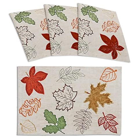 OWENIE Fall Placemats, Embroidered Thanksgiving Leaf Placemats Set of 4, Farmhouse Linen Fabric Table Matts with Orange Green Maple Leaves (13 x 19 inches, Fall) Cover