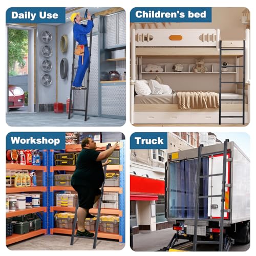 Image of RV Bunk Bed Ladder, Upgraded - Adjustable Height 55 inch-71 inch, Telescoping Heavy Duty Travel Trailer Bed Ladders with 4 Hook and Foot Caps, Anti-Slip Ladder for Home Dorm Appartments, Load 300 LBS -Black