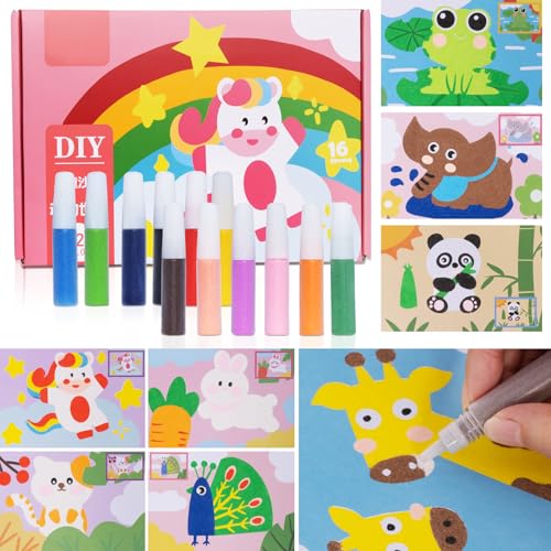 Toptime Sandbilder Kinder, Knetsand Kreativ Bastelset mit 16 Blatt Sandkunst-Malkarten, 12 Flaschen Farbsand und Pinsel, Tieren Sand Painting Set für Kinder zum Selbermachen von Design-Kritzeln