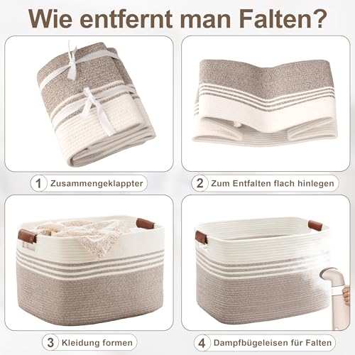 Wäschekorb Geflochten Groß aus Baumwollseil, 72L Aufbewahrungskorb mit Lederhenkeln, Korb für Decken, Kleidung, Spielzeug, Laundry Basket für Kinderzimmer Wohnzimmer, 55 x 43 x 30 cm, Weiß und Braun