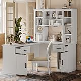 RuiSiSi Corner Computer Desk with Hutch, Home OfficeL-Shaped Desk with Drawers and Cabinet, Open Storage Shelves, Multi-Functional Writing Table for Study Room Bedroom Living Room, White
