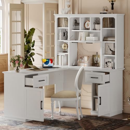 L-Shaped Computer Desk with Hutch, Home Office Desk with Drawers and Cabinet, Open Storage Shelves, Multi-Functional Writing Table for Study Room Bedroom Living Room, White
