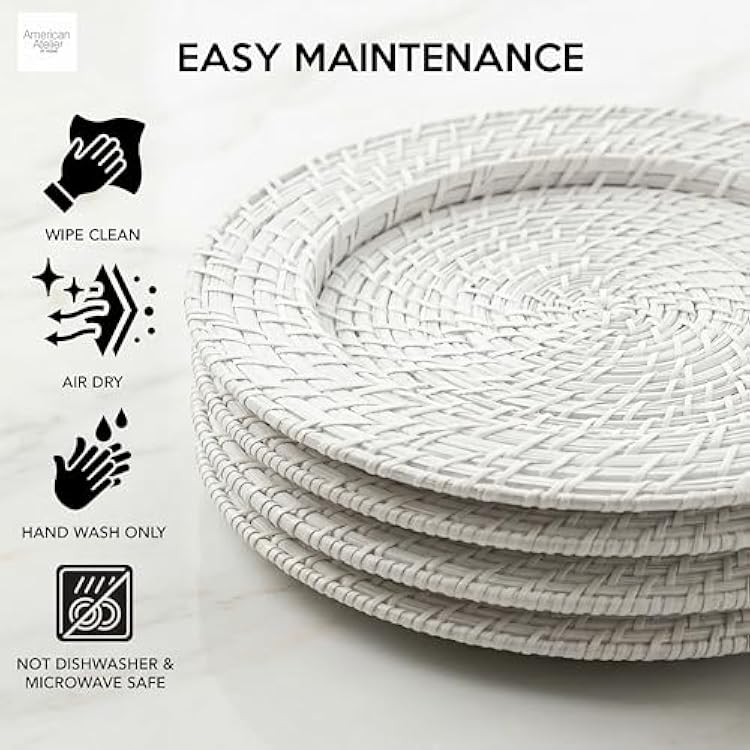 ChargeIt by Jay Rattan Plate Chargers - Round Rattan Placemat, Woven Natural Chargers for Dinner Plates - Stylish Premium Charger Set for Weddings, Banquets, Upscale Events - White, 4 Set