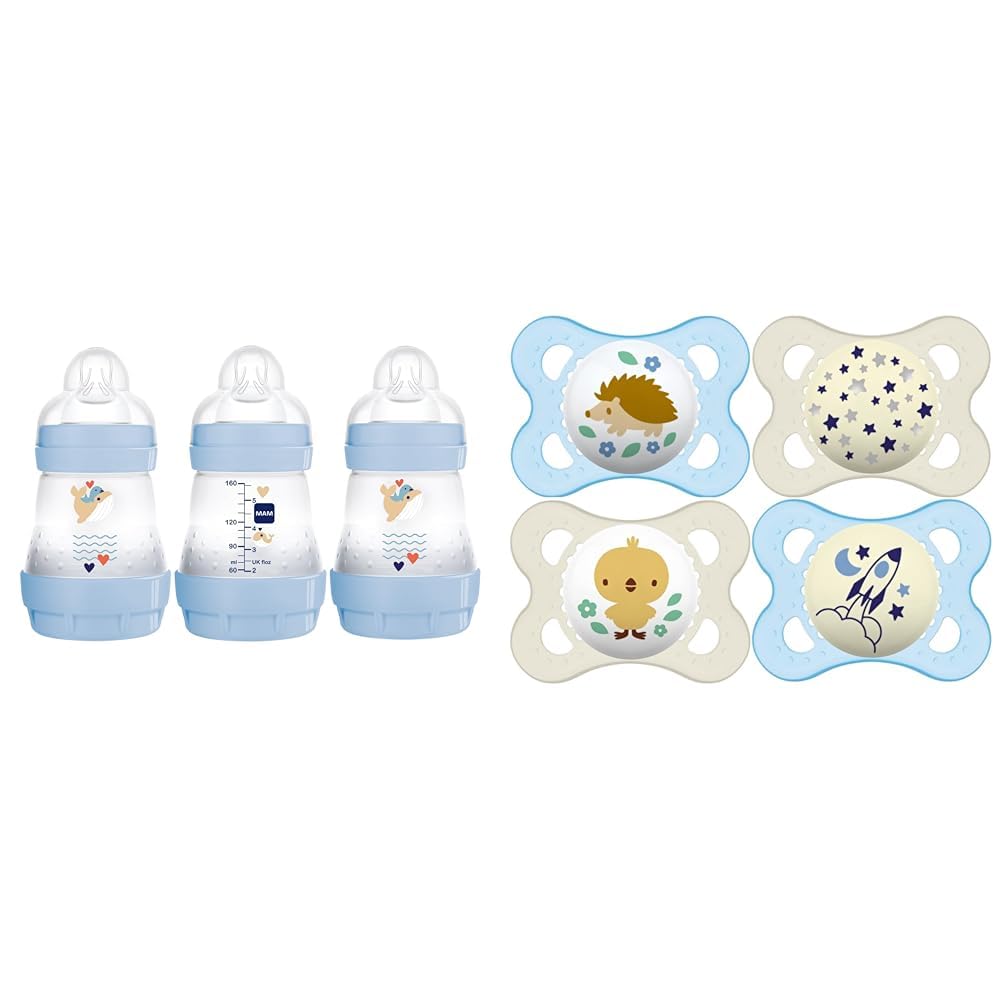 MAM Easy Start Anti Colic Baby Bottle, Easy Switch Between Breast and Bottle, Reduces Air Bubbles, 3 Pack, Newborn, Boy & inal + Night 4-Pack, 0-6M, Boy