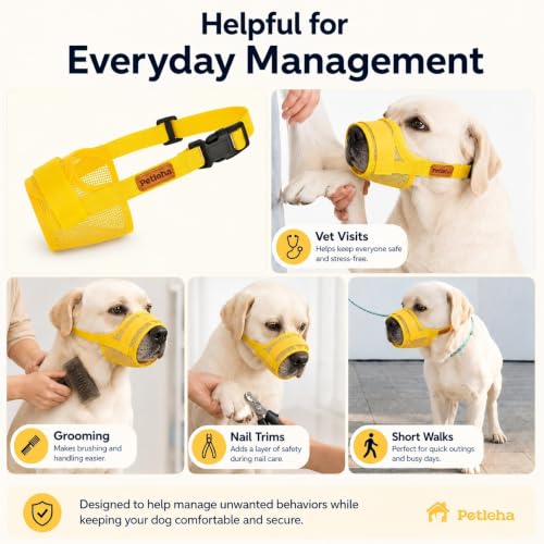 Image of Dog Muzzle, Breathable Mesh for Grooming & Nail Care, Yellow, L | Adjustable head and snout straps, quick-release buckle, soft padded edges