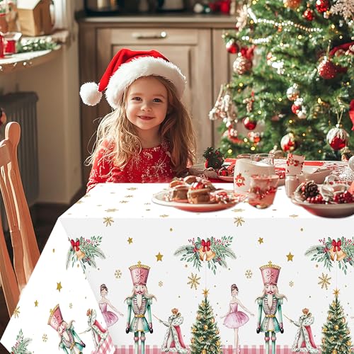 Image of 3 Packs Nutcracker Plastic Tablecloth Decorations, Pink Plaid Nutcracker Christmas Tree Disposable Waterproof Table Covers, Nutcracker Soldier Tablecloth for Dining Table Party Supplies