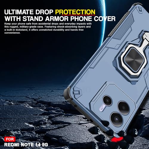 Image of AESTMO Armor Back Cover for Redmi Note 14 5G | Ring Holder & Kickstand & Camera Protection in-Built | 360 Degree Protection Back Case Cover (Blue)