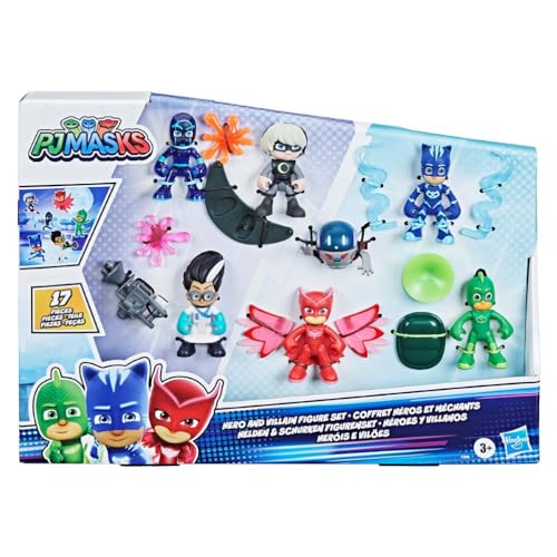 PJ Masks Set de Figuras de héroes y Villanos niños en Edad Preescolar, 7 Figuras de acción con 10 Accesorios, a Partir de 3 años