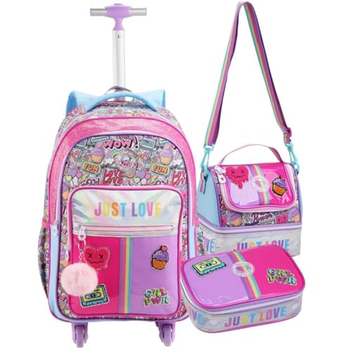 Kit Escolar Mochila de Rodinhas com Lancheira Térmica e Estojo Box 100 Canetas, Design Colorido, Material Reforçado, P/Caderno Lápis Caneta (Kit Material Escolar Just Stickers)