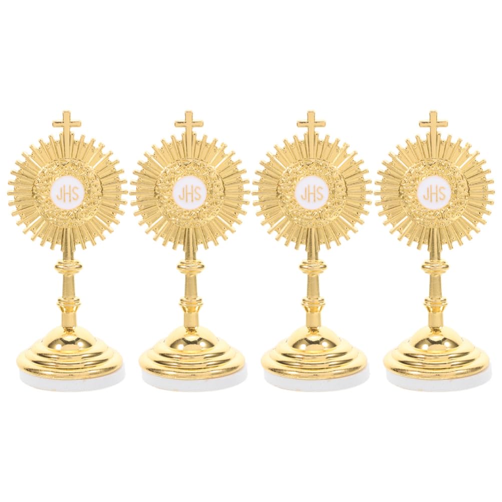DOITOOL 4 Pcs Standing Crucifix Gold Mini Cross with Base Metal Blessed Sacrament Statue Catholic Table Decor First Communion Cake Decorations Religious J-Hs Cake Topper
