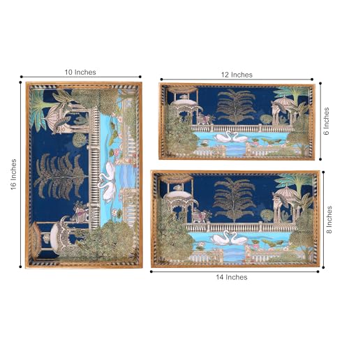 Image of Rectangular Wooden MDF Serving Trays Set of 3 (16x10, 14x8, 12x6 Inches) - Enamelled Finish with Easy-Grip Handles, Perfect for Dining, Tea, Snacks & Home Decor (Swan Tray)