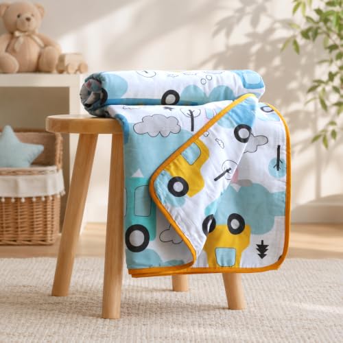 Image of LORETO - A QUALITY LINEN BRAND 100% Cambric Cotton Double Dohar 88 x 90 Inches, 3-Layer Lightweight AC Blanket with Soft Cotton Flannel Filling, Breathable Summer Quilt, Reversible, Baby Bus Blue bird