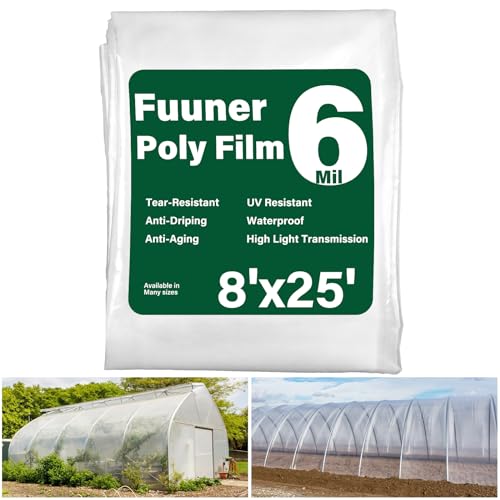 Fuuner Greenhouse Plastic Sheeting 6 Mil, 8 x 25 FT Heavy Duty Clear Polyethylene Film for Greenhouses, High Light Transmission, Weatherproof, UV Resistant, Plastic Covering for Gardening, Farming