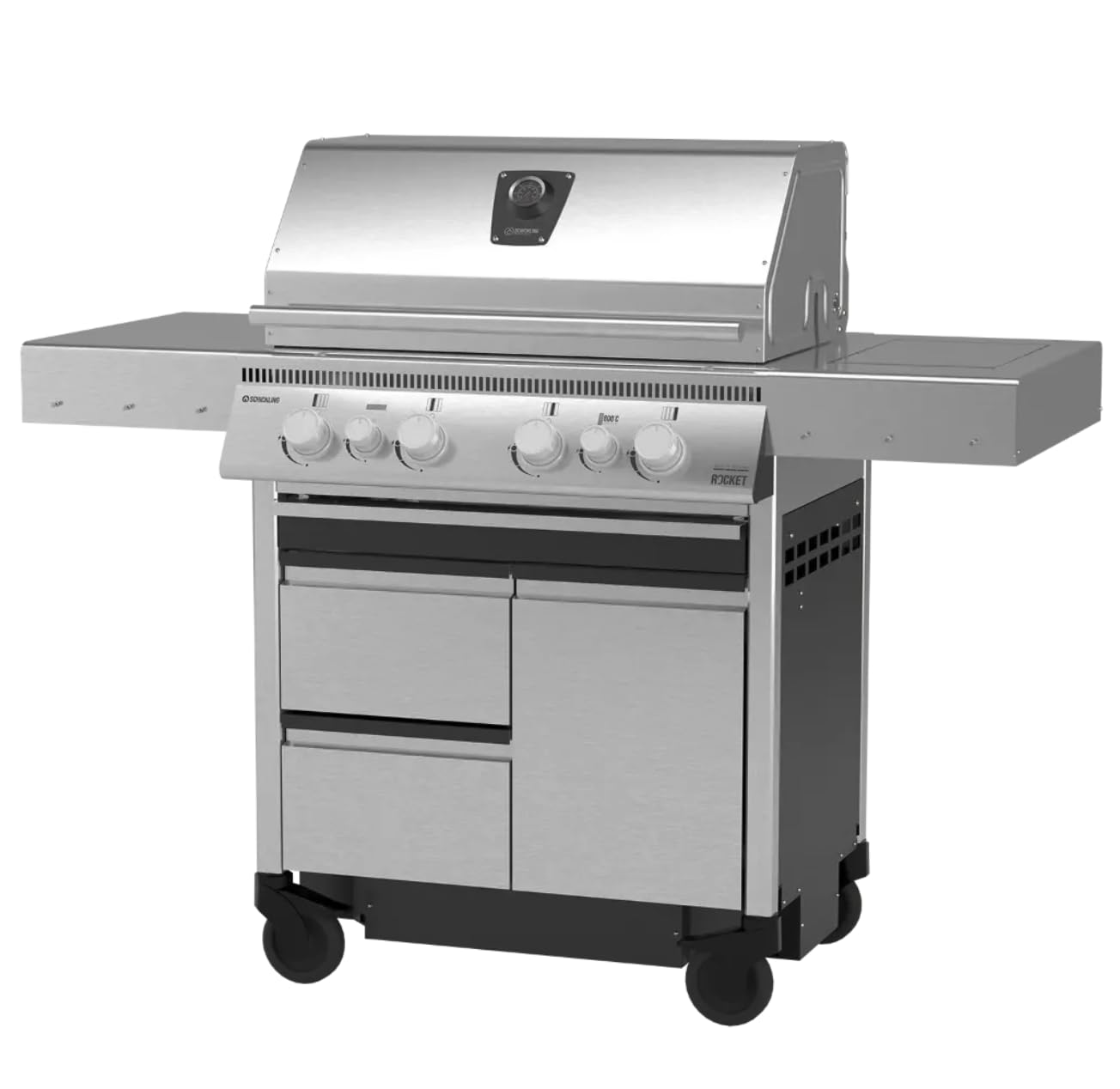 SCHICKLING Rocket Gasgrill 4-Brenner, Backburner, Drehspieß, 800°C Infrarot-Keramikbrenner, 8mm Grillrost - 110kg - 29 kW Gesamtleistung - Made in Germany - 100% Edelstahl - Fertig montiert geliefert