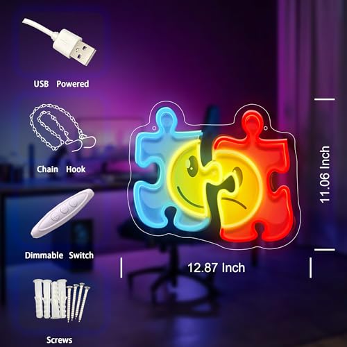Image of Puzzle LED Neon Sign USB Powered for Wall Decor, Puzzle Neon Night Light Sign Dimmable for Room Party Decor Birthday Gifts