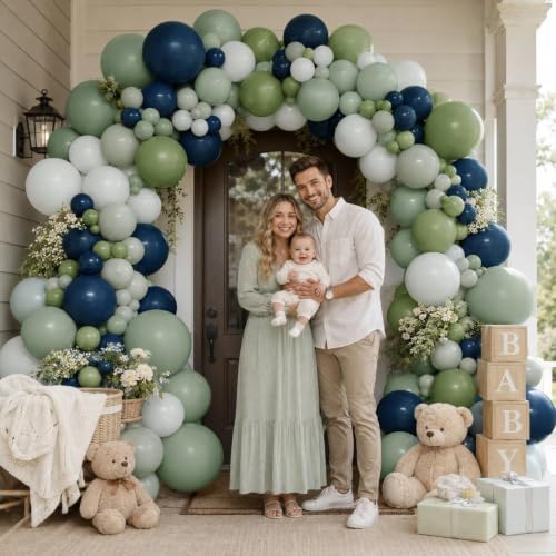Image of Navy Blue Green Balloon Arch Double Stuffed Dark Blue Sage Green Pastel Balloon Garland Kit for Baby Shower Birthday Bridal Wedding Gentleman Party Decorations