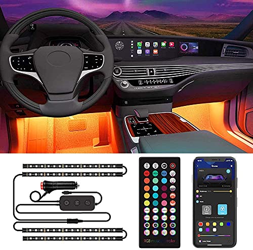 Car Interior Lights, 4pcs 60 LED APP Controller Car LED Strip Lights, Multicolor Music Under Dash Lighting Kits Remote Control Waterproof for iPhone Android Phone, Car Charger Included, DC 12V